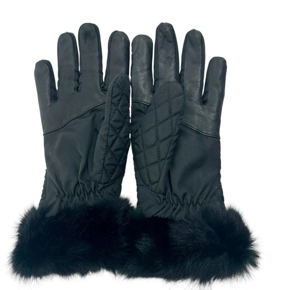 Preston & York Black Quilted‎ Gloves Fur Trim Cuffs Sz M Fleece Lined Insulated